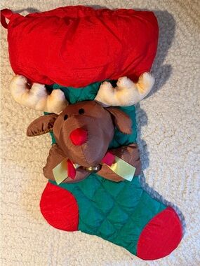 Vintage Puffy Nylon 3D Reindeer Christmas Stocking Quilted Parachute Retro Red